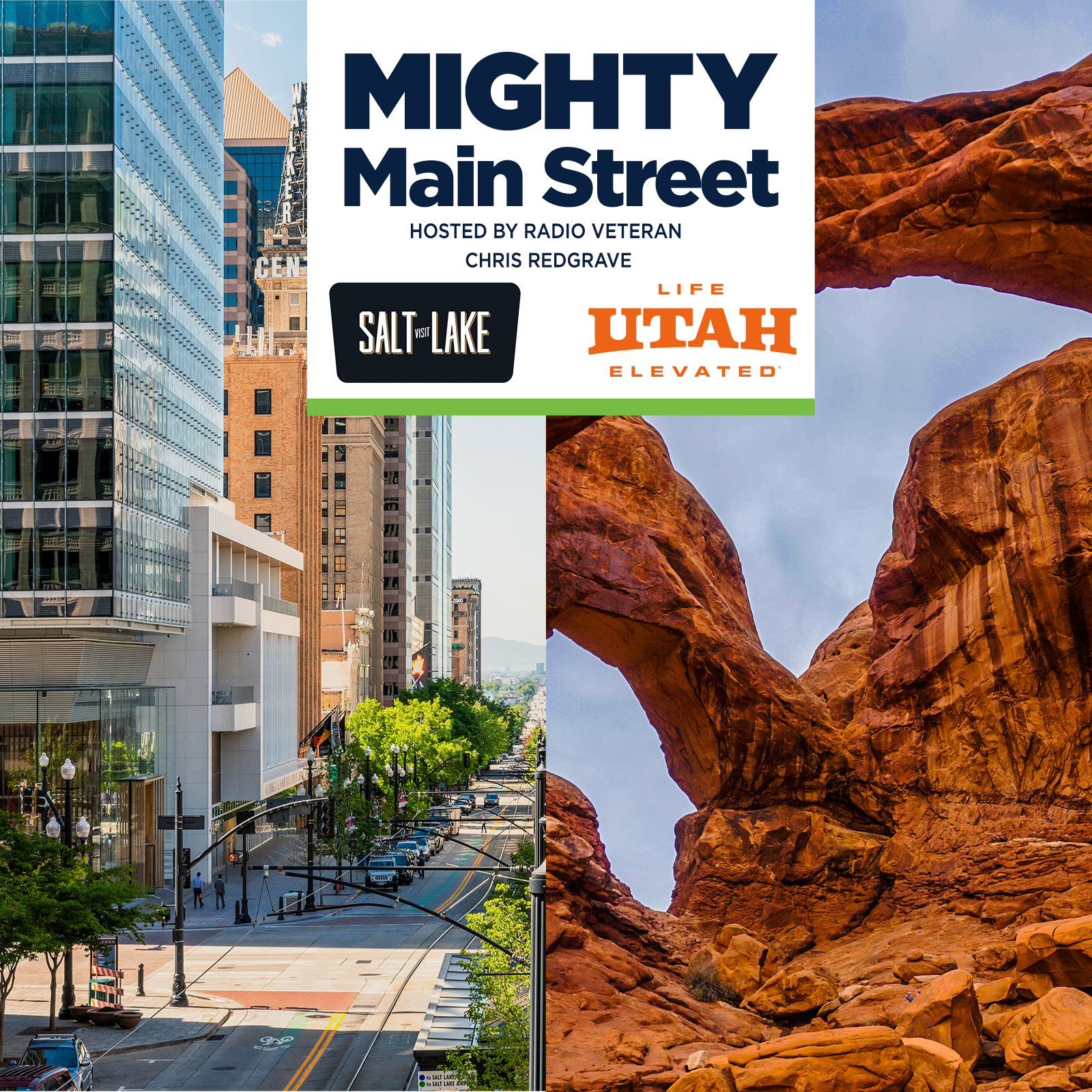 A picture of downtown Salt Lake City and the Moab Arches with a banner advertising a radio special