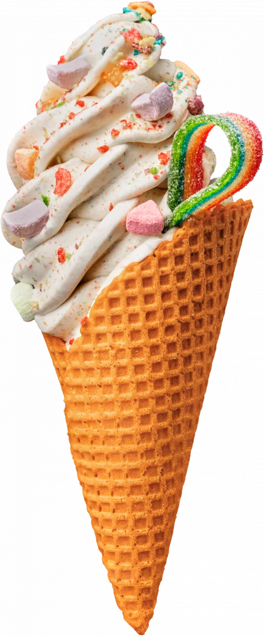 A waffle cone with vanilla ice cream and sour candy toppings